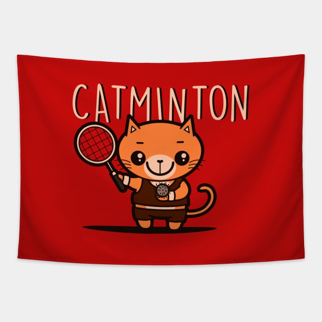 Catminton Original Cute Kawaii Pun Funny Sporty Cat Hairball Tennis Badminton Tapestry by BoggsNicolas