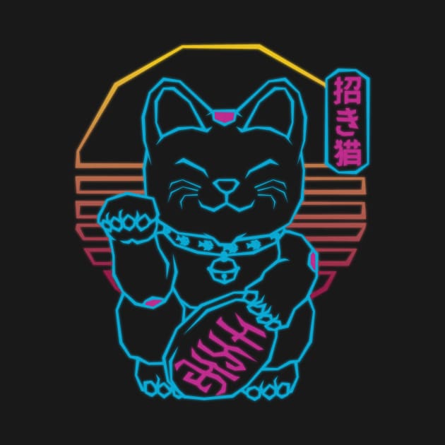 Maneki Neko Japanese Lucky Cat Retrowave 80s Aesthetic by MythoCulture