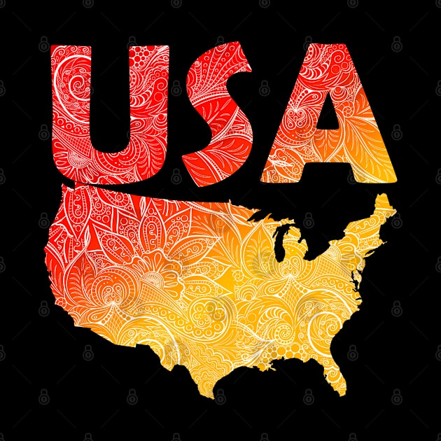 Colorful mandala art map of the United States of America with text in red and orange by Happy Citizen