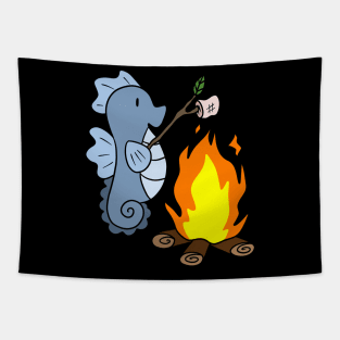 Blue Sea Horse Roasting Marshmallows by a Campfire Tapestry