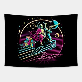 COOL JESUS RIDING RAINDEER SLEIGH RETRO 80'S NEON VIBE Tapestry