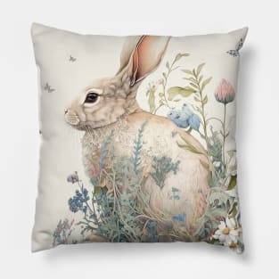 Watercolor Rabbit in Nature, Floral Design Sticker Pillow