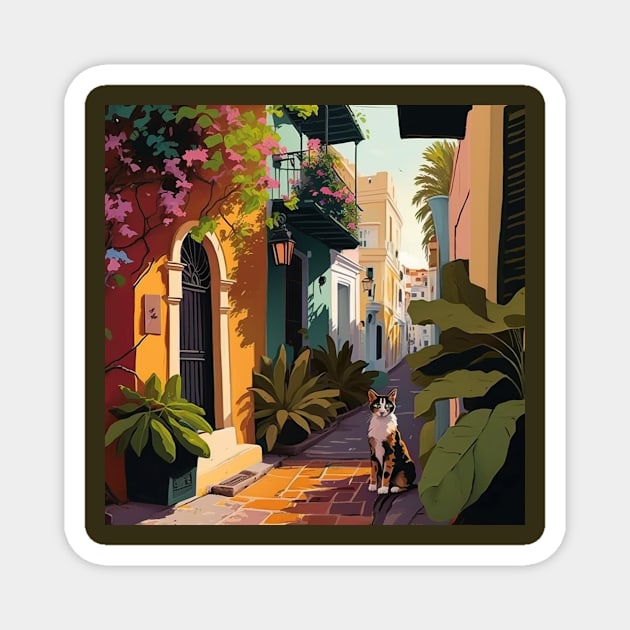 Old San Juan Colorful Homes, Plants and Cats Magnet by TheJadeCat