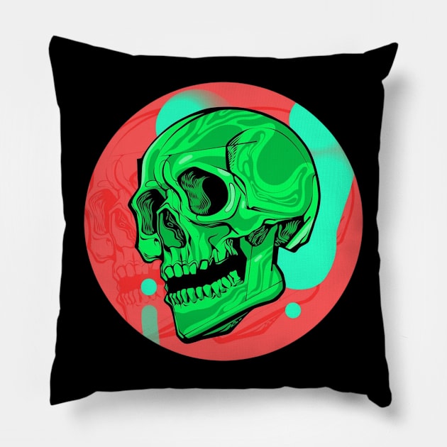 Green Neon Skull Pillow by DashaSliva