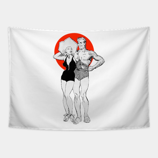 Beach swimsuit girl and strong man Tapestry by Marccelus