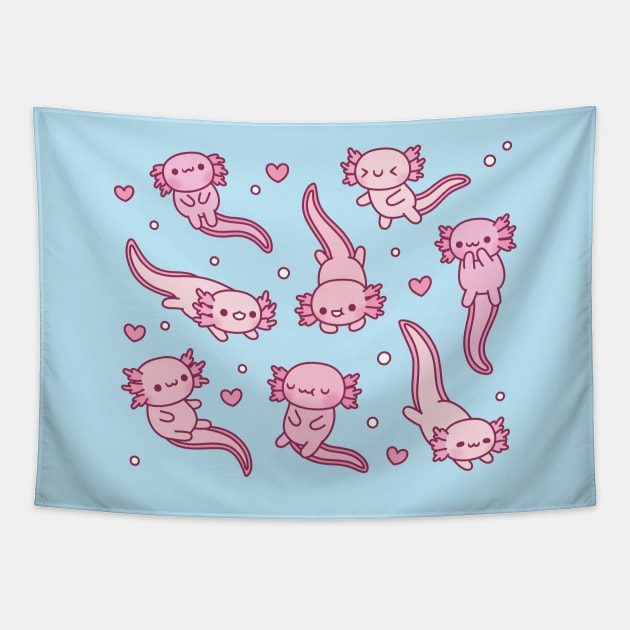 Cute Swimming Axolotls Doodle Tapestry by rustydoodle