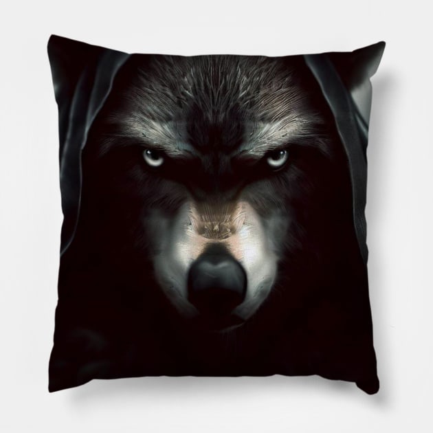 Warrior's Veil: The Masterful Wolf Visage Pillow by Stupid Coffee Designs