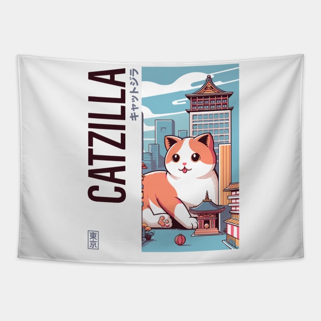 Catzilla Japanese Funny Cat Kawaii Parody Vintage Catzilla Tapestry by rhazi mode plagget