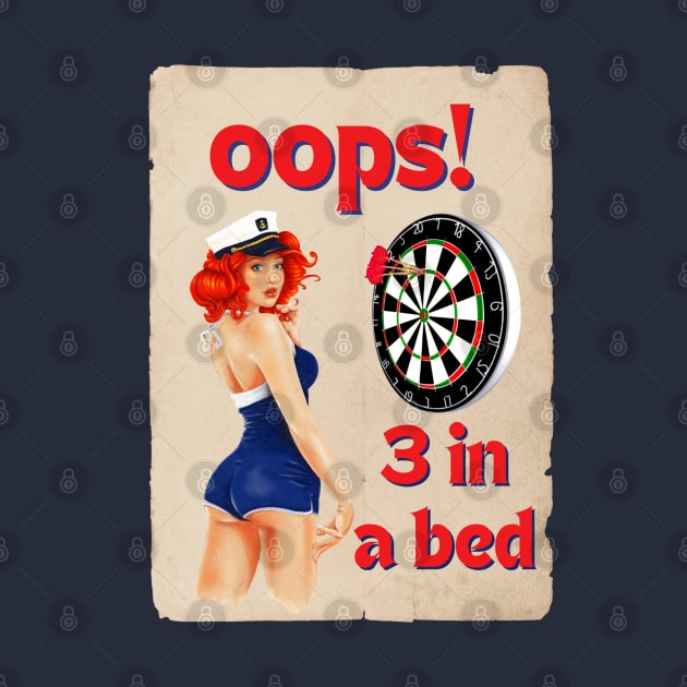 oops 3 in a bed vintage pinup girl darts by Darts Tees Emporium