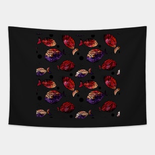 Watercolor Outer Space, Fish and Black Dots Tapestry