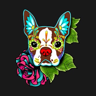 Boston Terrier in Red - Day of the Dead Sugar Skull Dog T-Shirt