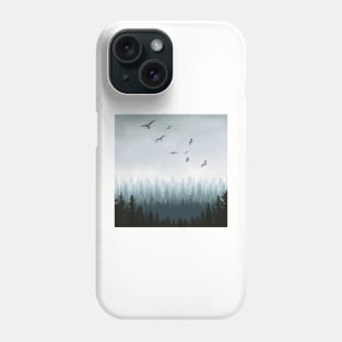 Cloudy or misty forest with pine trees and birds Phone Case