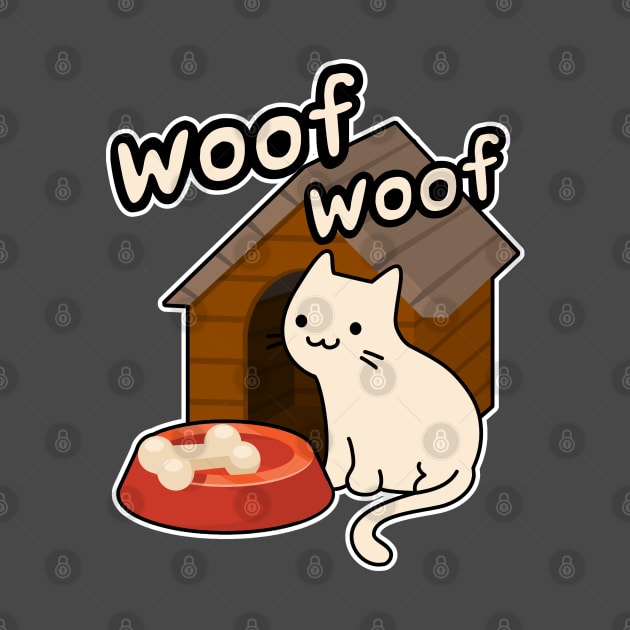 Woof Woof Cat Barking at a bone Funny Contradiction Cartoon by GlanceCat