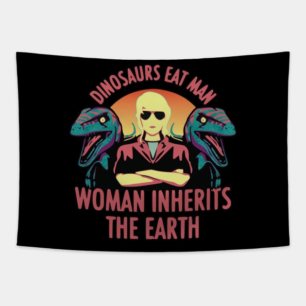 Dinosaurs Eat Man Woman Inherits The Earth Dinosaur Tapestry by RuftupDesigns