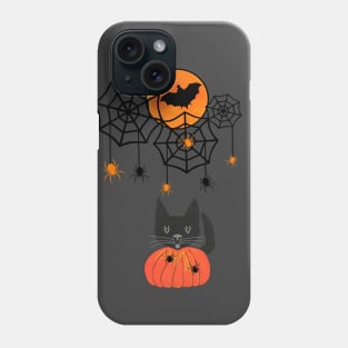 HAPPY Halloween Black Cat In A Pumpkin With Spiders Phone Case