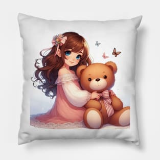 Girl with toy bear Pillow