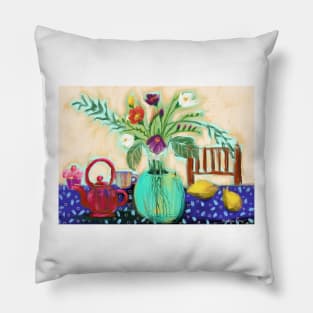 Green Flower Vase On Blue Polka Dot Table Cloth Pillow