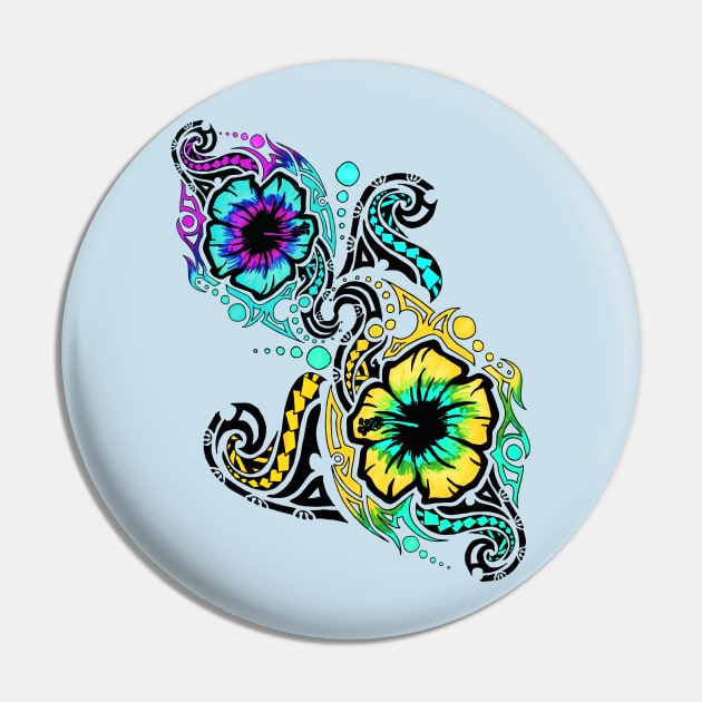 Blue and Yellow Hibiscus Flower Tribals Pin by hybridgothica