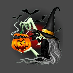 Witch with Jack O'Lantern and Bats T-Shirt