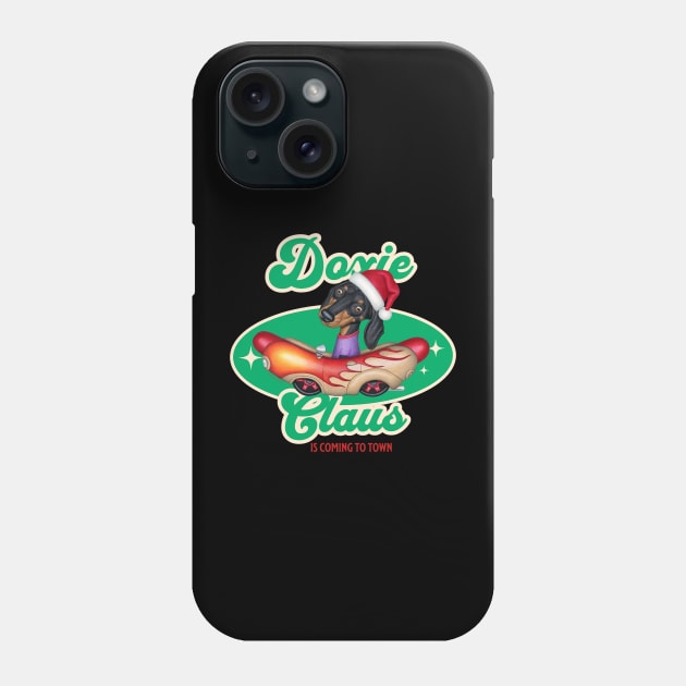 Funny cute Doxie Dog in classic hotdog car on Doxie Claus Dachshund Phone Case by Danny Gordon Art