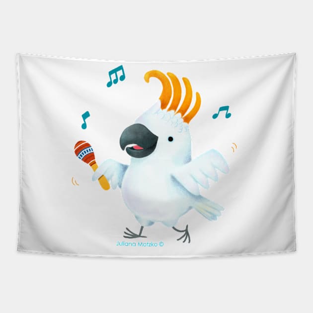 Cute Cockatoo playing maracas Tapestry by julianamotzko