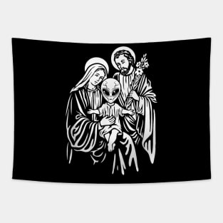 Alien Baby Jesus, Mary And Joseph Attend Pagan Atheist Party Tapestry