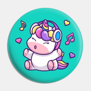 Cute Unicorn Listening Music With Headphone Pin