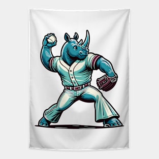 Throwback rhino pitcher - Vintage 1990s Cartoon Style Baseball Art Tapestry