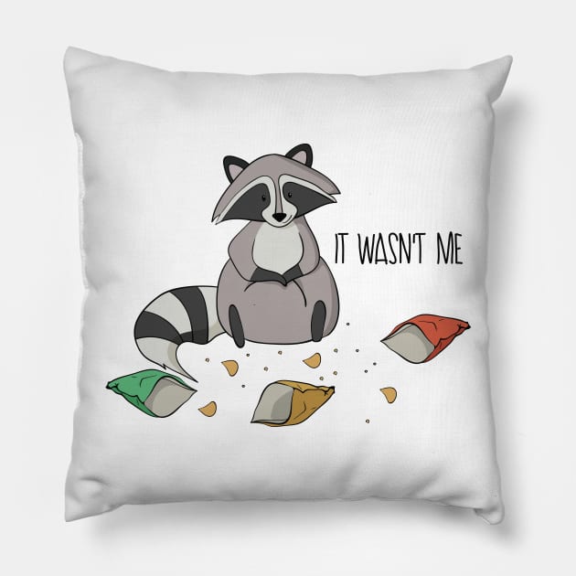 It Wasn't Me! Cute Greedy Raccoon Design Pillow by Dreamy Panda Designs