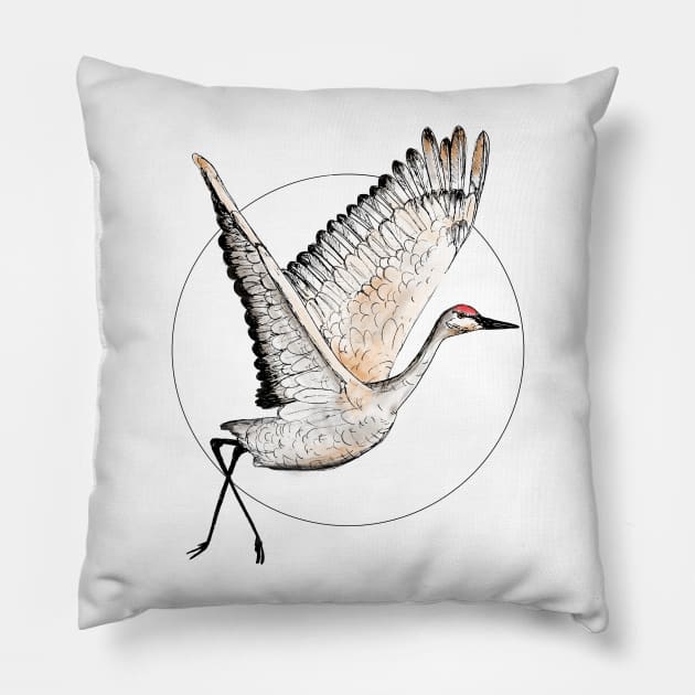 Flying Sandhill Crane Illustration / Crane Bird Drawing / Flying Crane Art Print Pillow by LauraKatMax