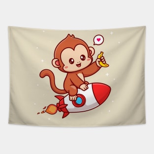 Cute Monkey Riding Rocket And Holding Banana Cartoon Tapestry