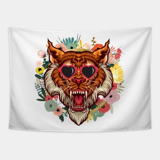 Tiger with Heart Sunglasses in a Flower Wreath Tapestry