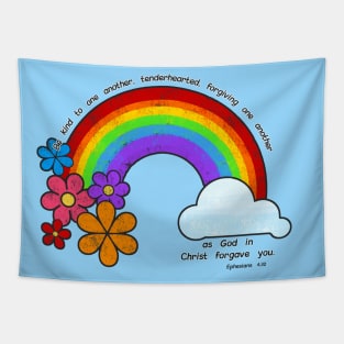 Be Kind to one another Scripture with Rainbow and Flowers Tapestry