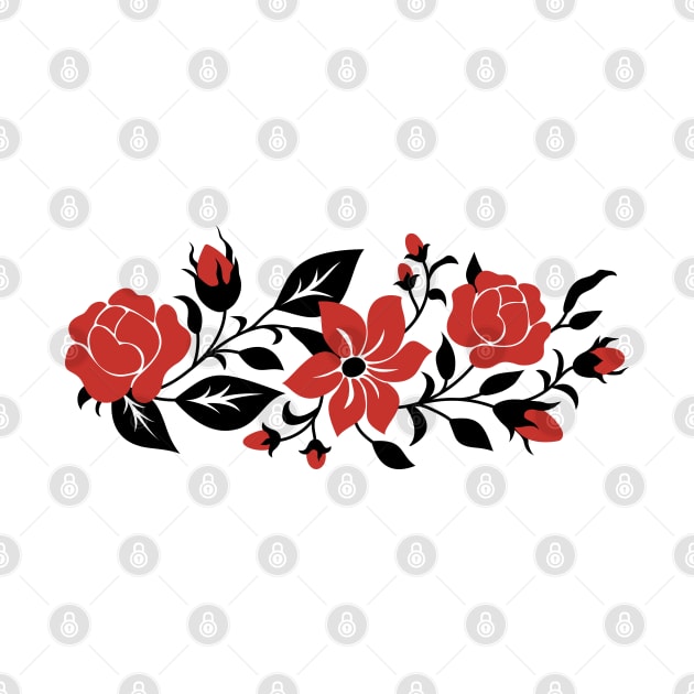 Print with Red Rose and Mallow Inspired by Ukrainian Traditional Embroidery by lissantee