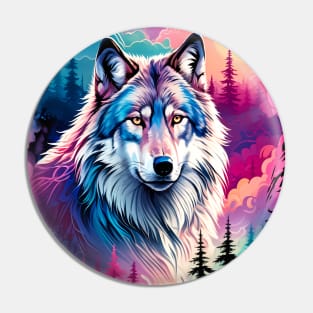 A Grey Wolf with Mountains, Floral Elements, Forests, Trees Pin