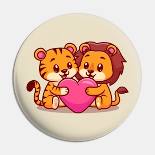 Cute Tiger And Lion Hug Love Heart Cartoon Pin