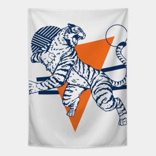 Retro 80s Orange and Blue Tiger on the Attack // Vintage Geometric Shapes Background Tapestry
