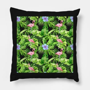 Tropical Pattern of Flamingos and Flowers Pillow