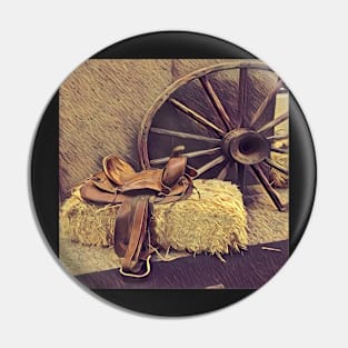 western country painting wagon wheel  horse saddle Pin