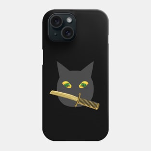 Halloween Ninja Cat. Black Cat with Jack o Lantern Eyes and Sword. (Black Background) Phone Case