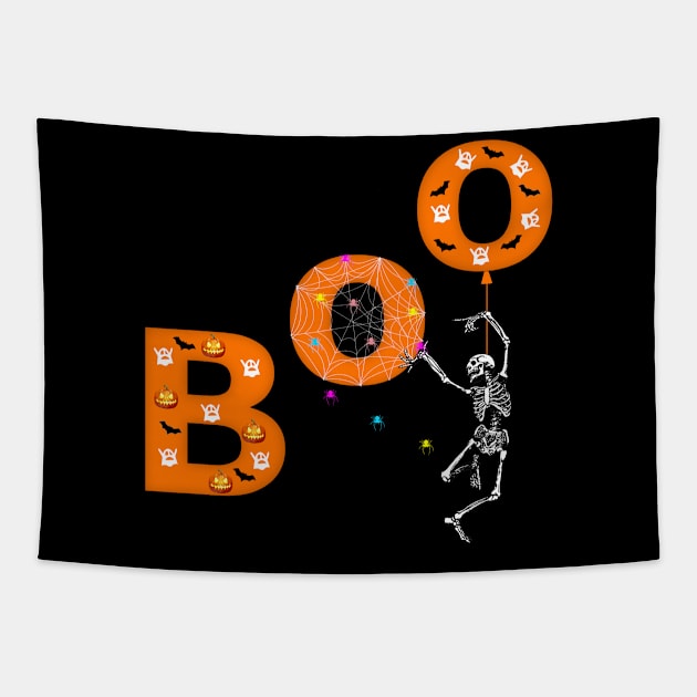 boo with skeleton and spiders in halloween Tapestry by presstex.ua@gmail.com