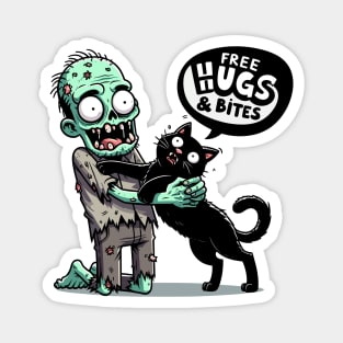 Free Hugs and bites - Zombie hugging black cat Magnet