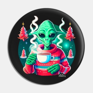 Christmas Funny Alien Drinking Coffee Wearing Sweater Pin