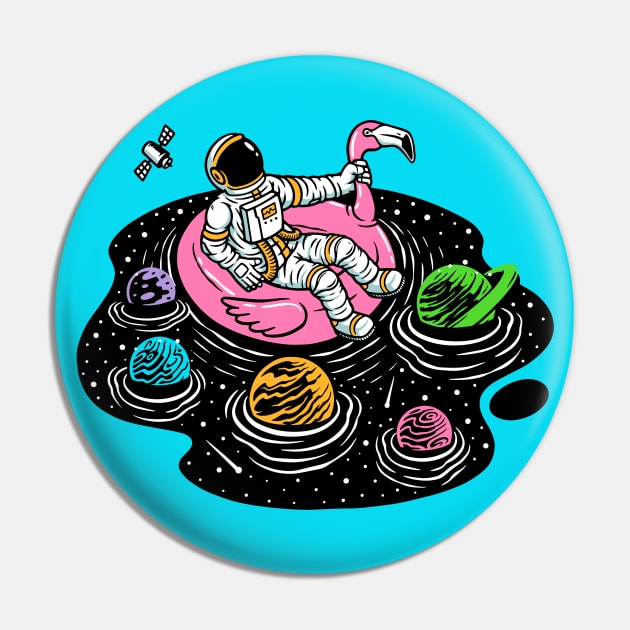 Astronaut Lounging in a Space Pool on a Pink Flamingo Floatie Pin by SLAG_Creative