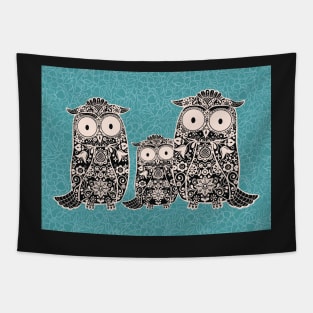 Folk Art Owl Family with Owlet on Teal Floral Background Tapestry