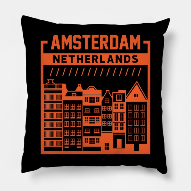 Vintage Amsterdam Netherlands City Skyline Dutch Buildings Pillow by Now Boarding