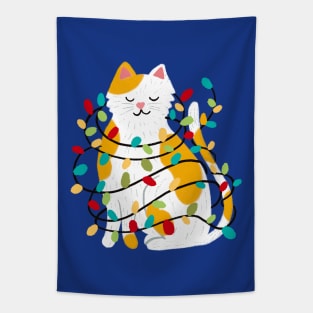 Kitty Tangled In Christmas Lights Tapestry