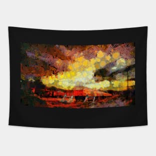 Train station with troubled skies Tapestry