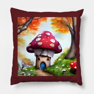 Cute and Cozy Cabin in the Autumn Woods in the shape of a Mushroom Pillow