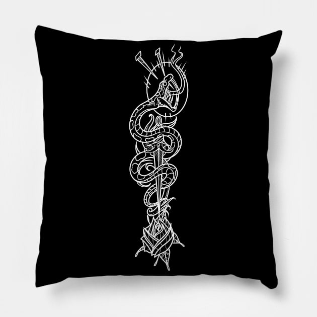 Traditional Snake & Rose Tattoo Blk Pillow by Scottconnick